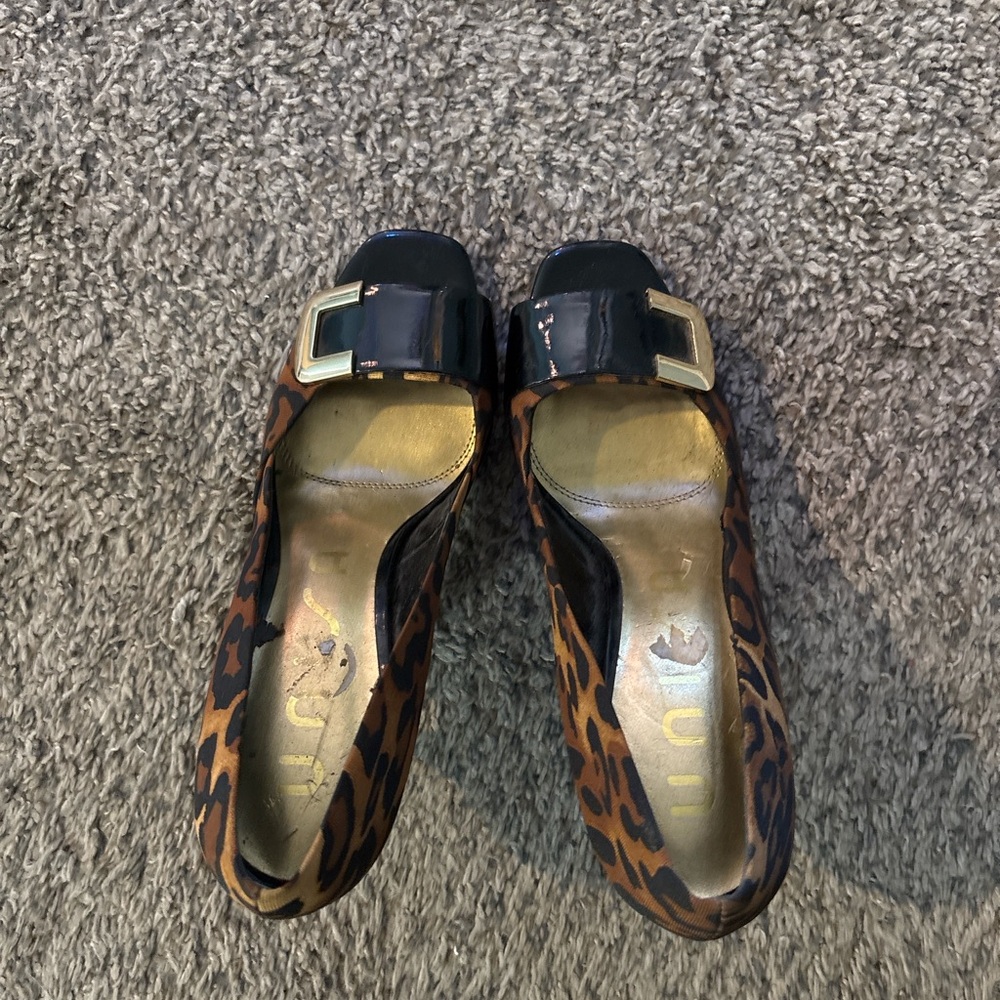 Black and Brown Patent Leather Heels with Gold Buckle